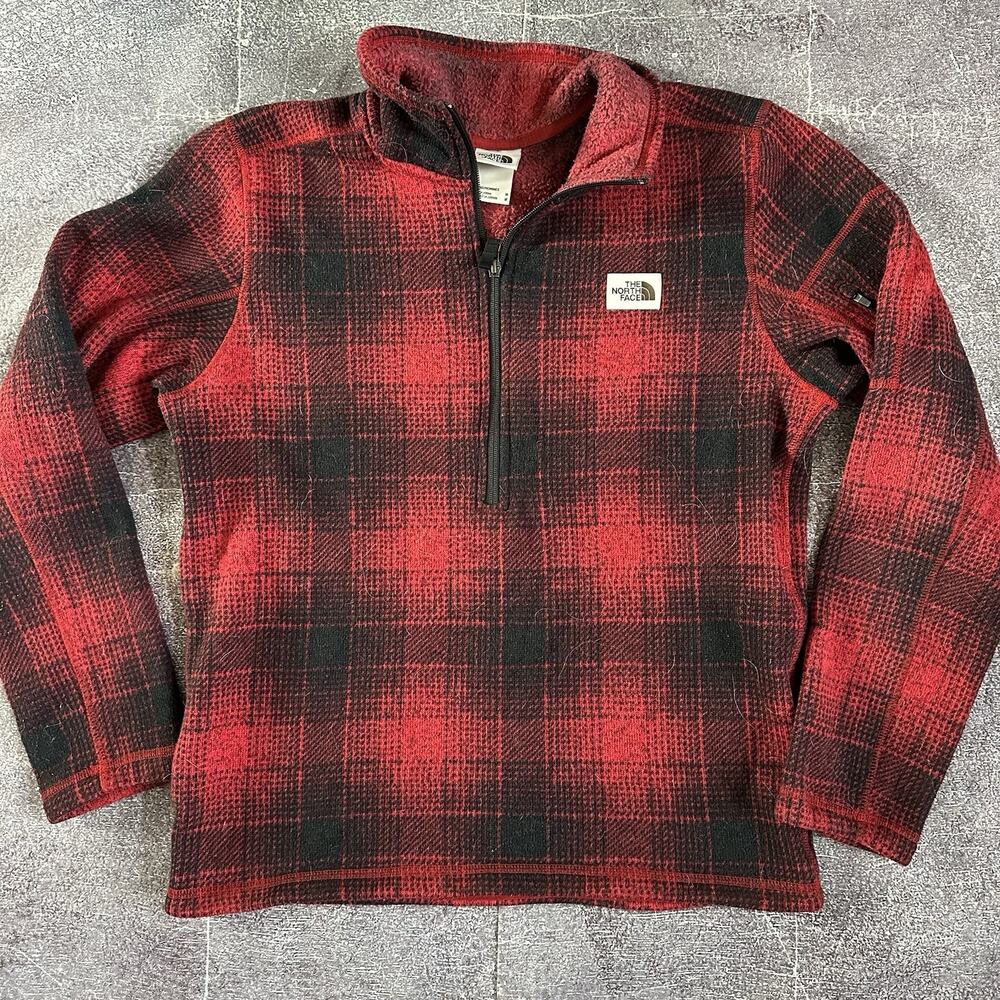 Men's The North Face Red Buffalo Plaid Fleece 1/4 Zip Up Lumberjack Jacket Sz M